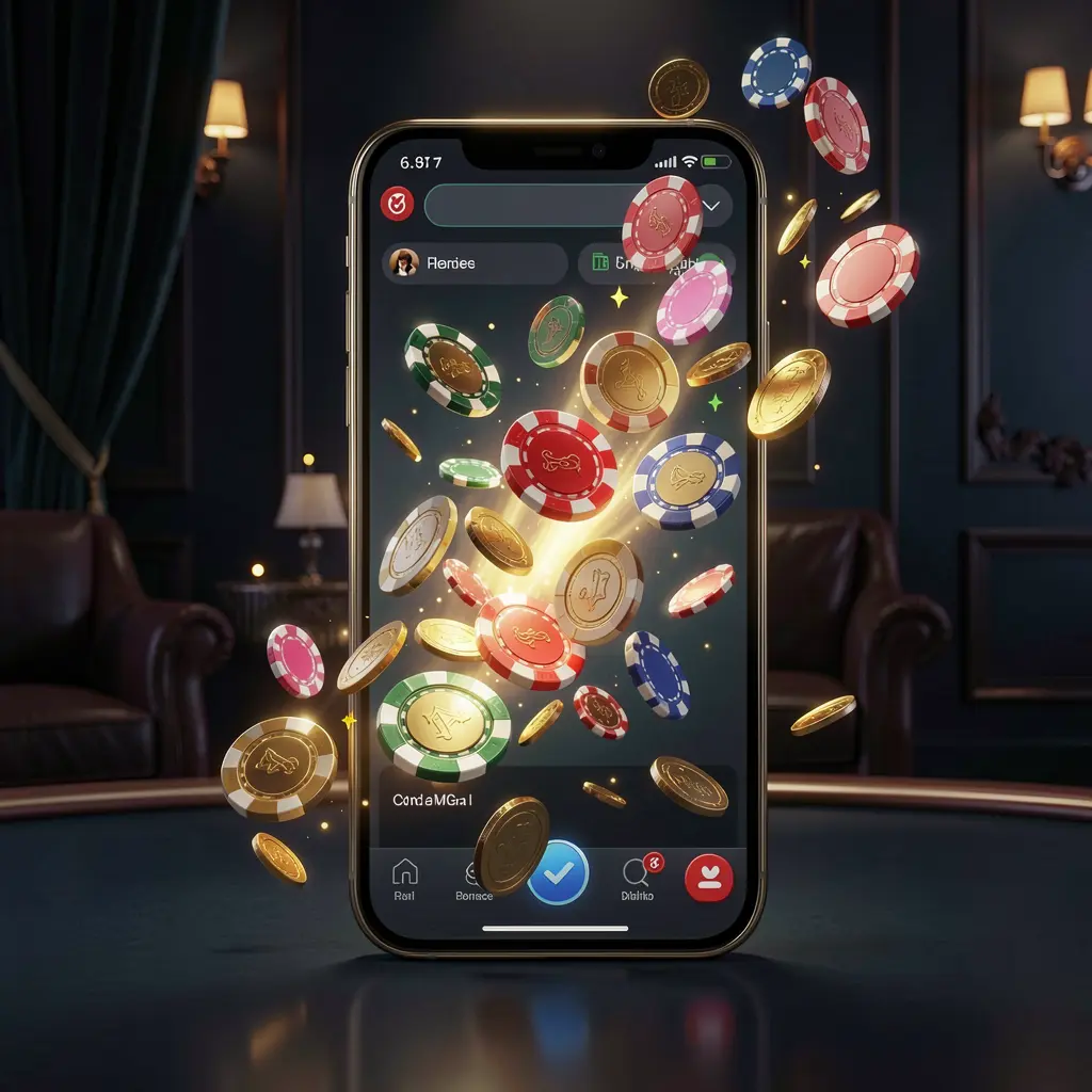 80X BET online gaming app displayed on a smartphone screen glowing with casino chips and coins emerging, set against a luxury dark background with cinematic lighting in a high detail 3D render