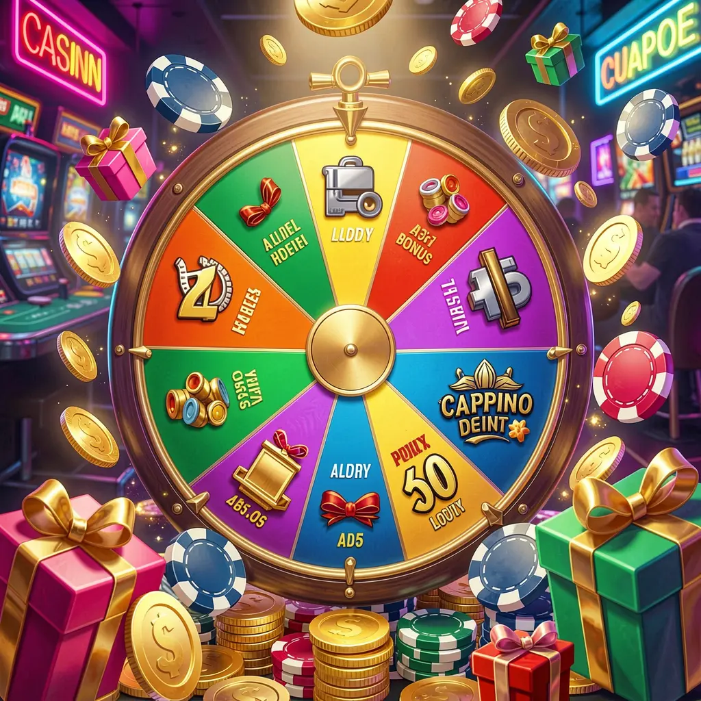 80X BET casino bonus wheel with colorful prize sections, surrounded by golden coins, chips, and gift boxes under bright neon casino lights in a dynamic composition