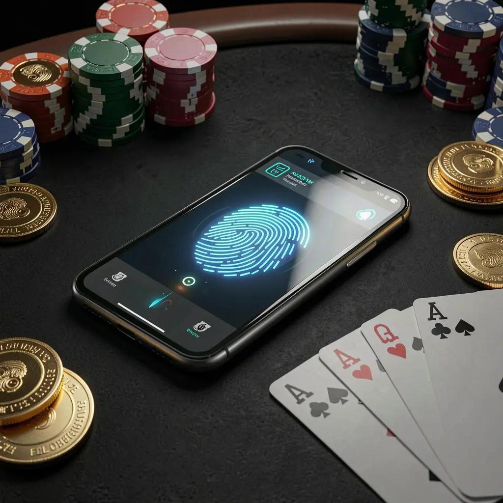 80X BET online casino authentication concept showing a phone with fingerprint scan glow on a premium black table surrounded by poker chips, golden coins, and playing cards in a cinematic 3D render
