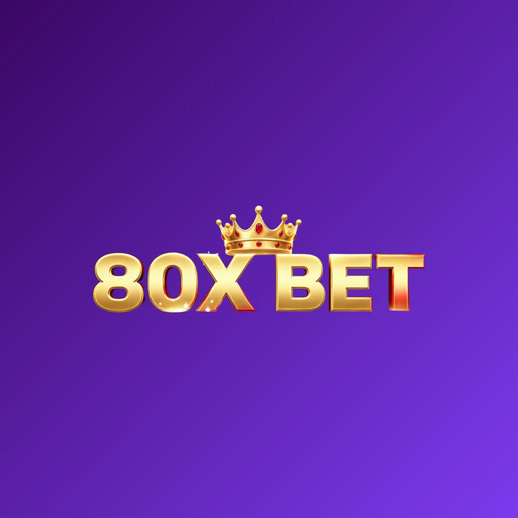 Dynamic casino-style logo for 80X BET featuring massive bold lettering in bright gold and crimson colors with a glowing crown and sparkling light effects on a transparent background